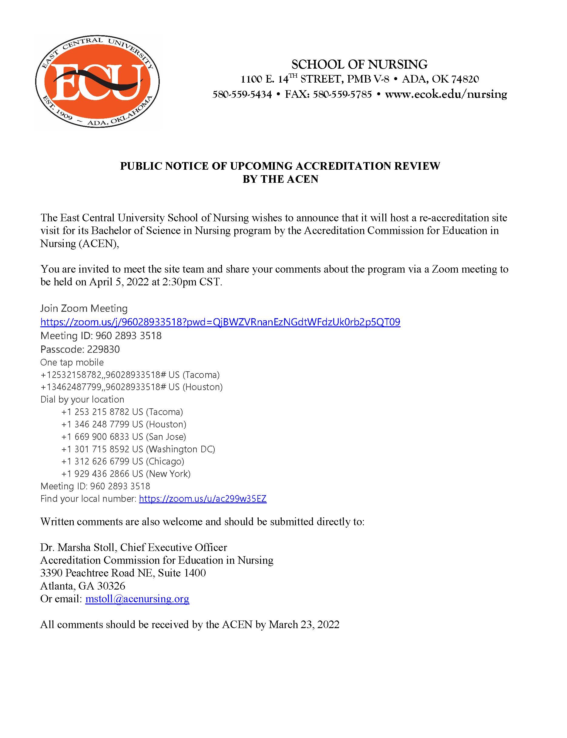 School of Nursing Accreditation Review East Central University